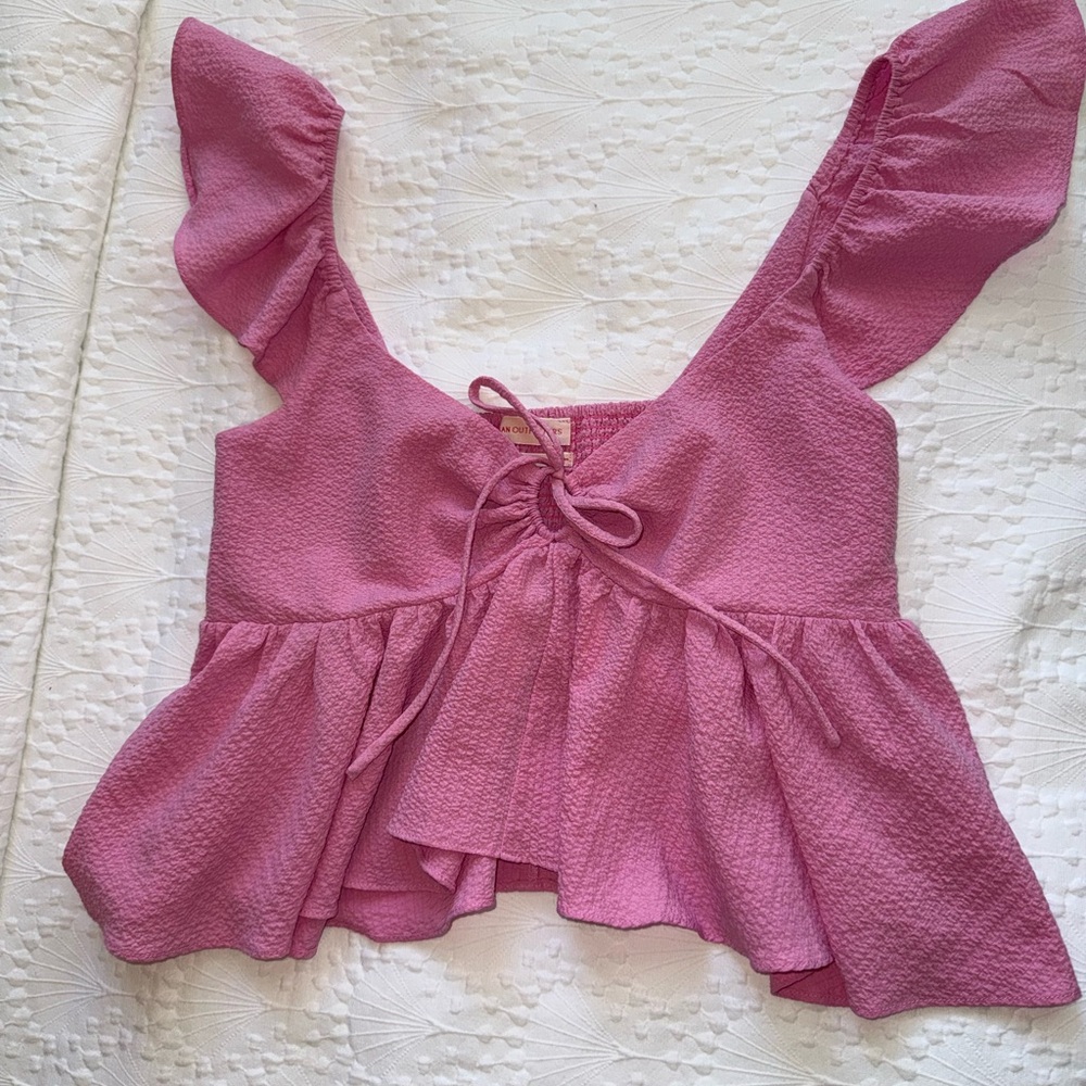 Urban Outfitters Pink Flutter-Sleeve Tie-Front Crop Top